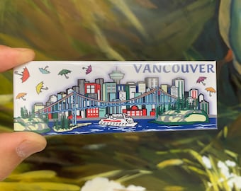 Vancouver-magneten met het ontwerp van de skyline van Vancouver en parasols