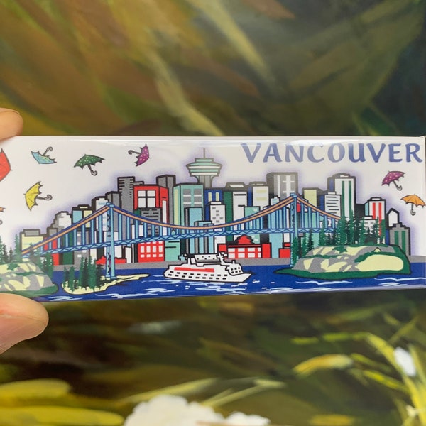 Vancouver magnets with the design of Vancouver skyline and umbrellas