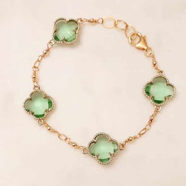 Gold filled chain with light green quartz quatrefoils clover bracelet dainty