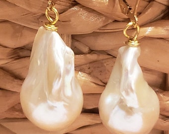 Large baroque freshwater pearl earrings with gold filled lever back