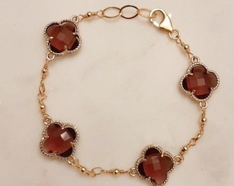 Gold filled chain with smoky topaz colored quartz quatrefoils clover bracelet dainty