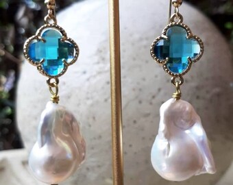 Large white baroque freshwater pearl earrings with blue clover quatrefoils