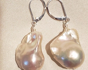 Large baroque freshwater pearl huggie sterling silver leverback earrings