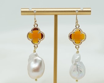 Large white baroque freshwater pearl earrings with amber clover quatrefoils