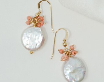 Orange coral crown luminous coin pearl earrings gold filled