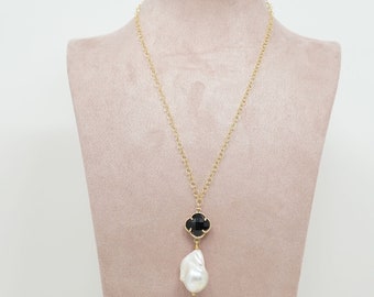 Gold filled chain necklace with black quatrefoil and large baroque pearl pendant
