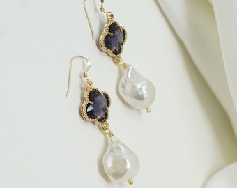 Large white baroque freshwater pearl earrings with purple clover quatrefoils
