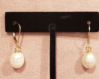 Gold filled huggie earrings with freshwater pearls dainty elegant