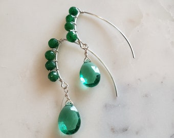 Earrings sterling silver with green jade and quartz drop