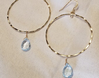 Blue topaz hoop earrings gold filled