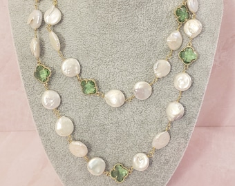 Light green quatrefoils with freshwater pearls necklace