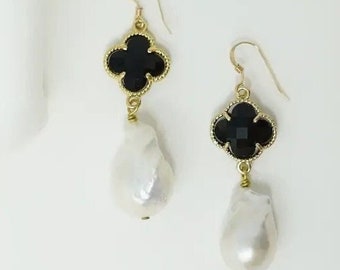 Large white baroque freshwater pearl earrings with black clover quatrefoil