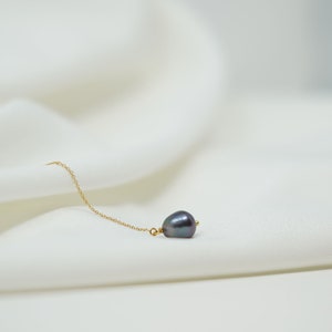 Gold filled teardrop freshwater black pearl threader earrings image 3