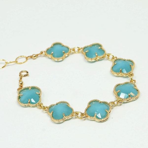 Gold filled chain with opaque blue quatrefoils clover bracelet dainty