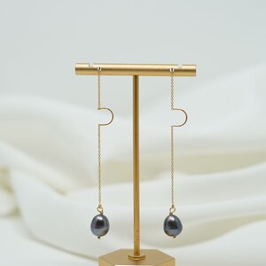 Gold filled teardrop freshwater black pearl threader earrings image 4