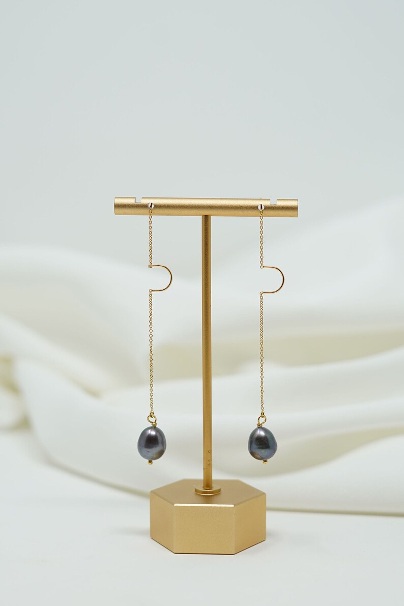 Gold filled teardrop freshwater black pearl threader earrings image 4