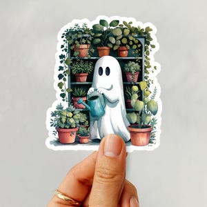 Halloween Ghost Plant Lady Sticker: Waterproof Decal for Kindle, Laptop, Water Bottle