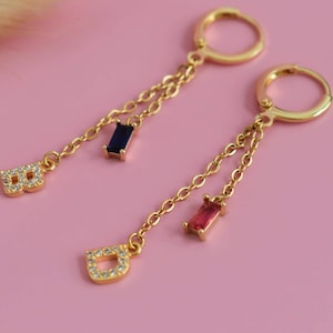 Custom Initial Earrings Gemstone Handmade Personalized Letter Hoop Earrings, Dangle Chain Huggies, Monogram Jewelry Gift for Her Wife Sister