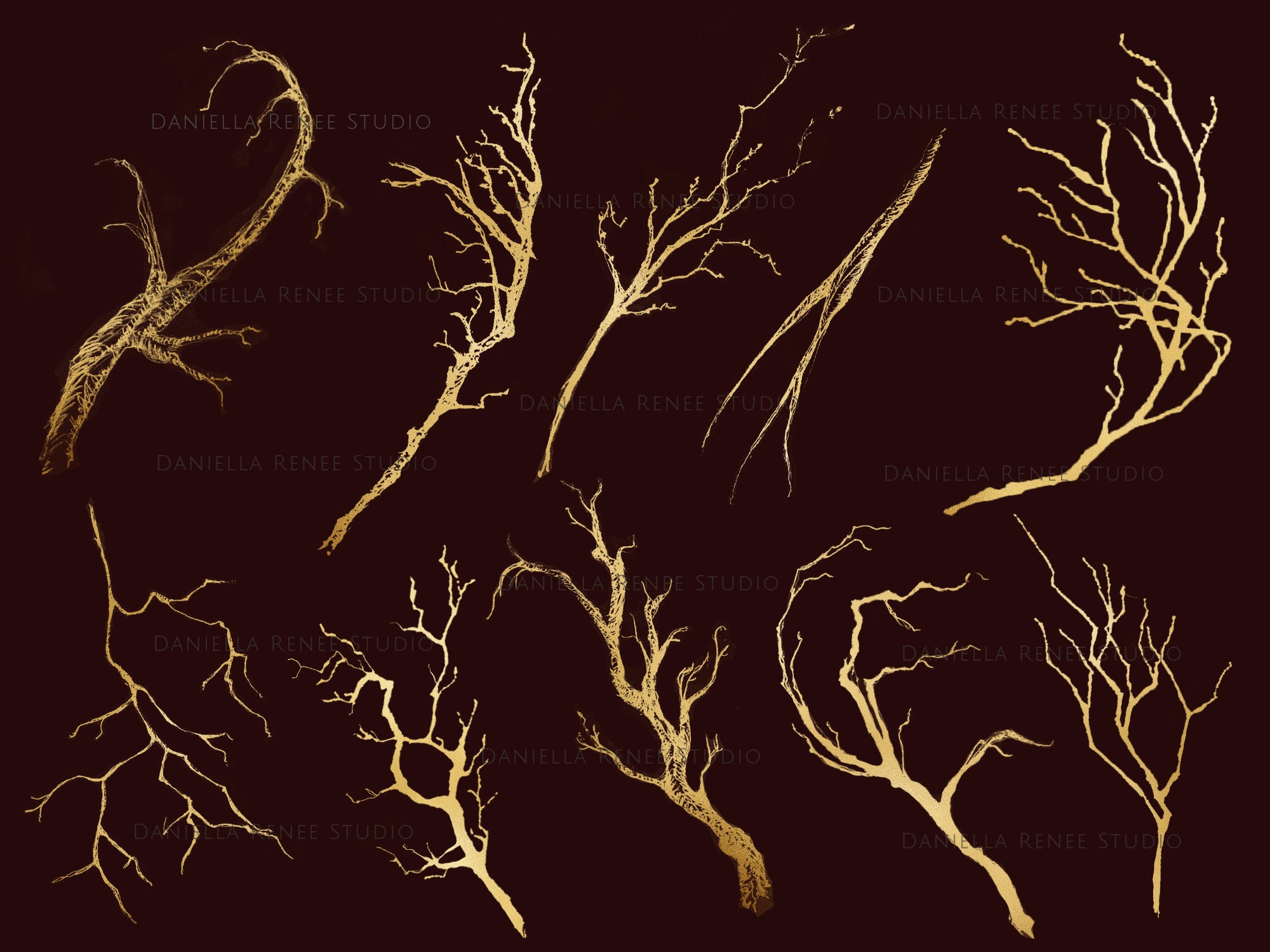 Gold Tree Branches PNG Clipart, Bare Branch Silhouette for Digital