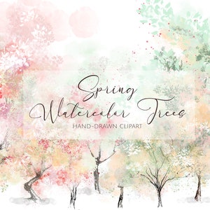 Árvores de primavera PNG, clipart em aquarela, paisagem de flores florais para adesivo digital, convite de casamento, arte de berçário para chá de bebê, álbum de recortes