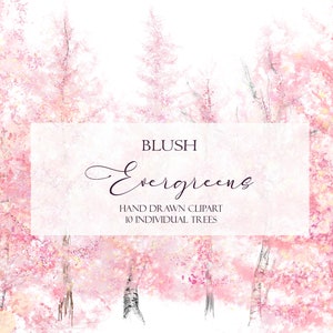 Evergreen Trees Clipart, Pink Pines, Christmas Snow, Blush Winter Forest Wall Art, Hand Sketched Woodland Illustraties, PNG Download