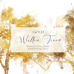 Gold Trees Clipart, Weeping Willow Sketches, Salix Forest Wall Art Decor, Digital Collage Illustration, Sublimation PNG Instant Download SVG