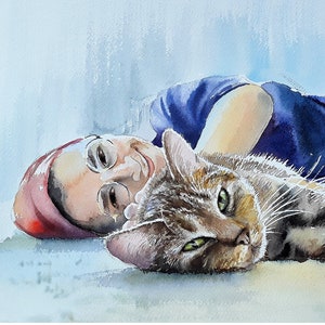 Custom portrait of pet and owner from photo Pet portrait with owner Custom cat dog portrait Painting dog and owner watercolor painting art