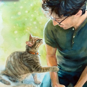 Custom watercolor portrait of pet and owner from photo. Hand-painted portraits of people, dogs, cats. Father's Day unique art gift idea.