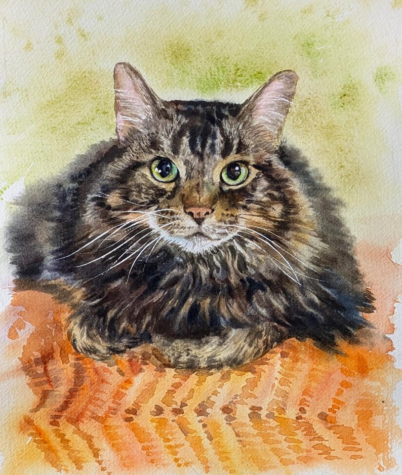 May include: A watercolor painting of a long-haired brown tabby cat with green eyes, white whiskers, and dark brown stripes. The cat is positioned in a resting pose against a soft, blended green and yellow background, sitting on an orange surface.