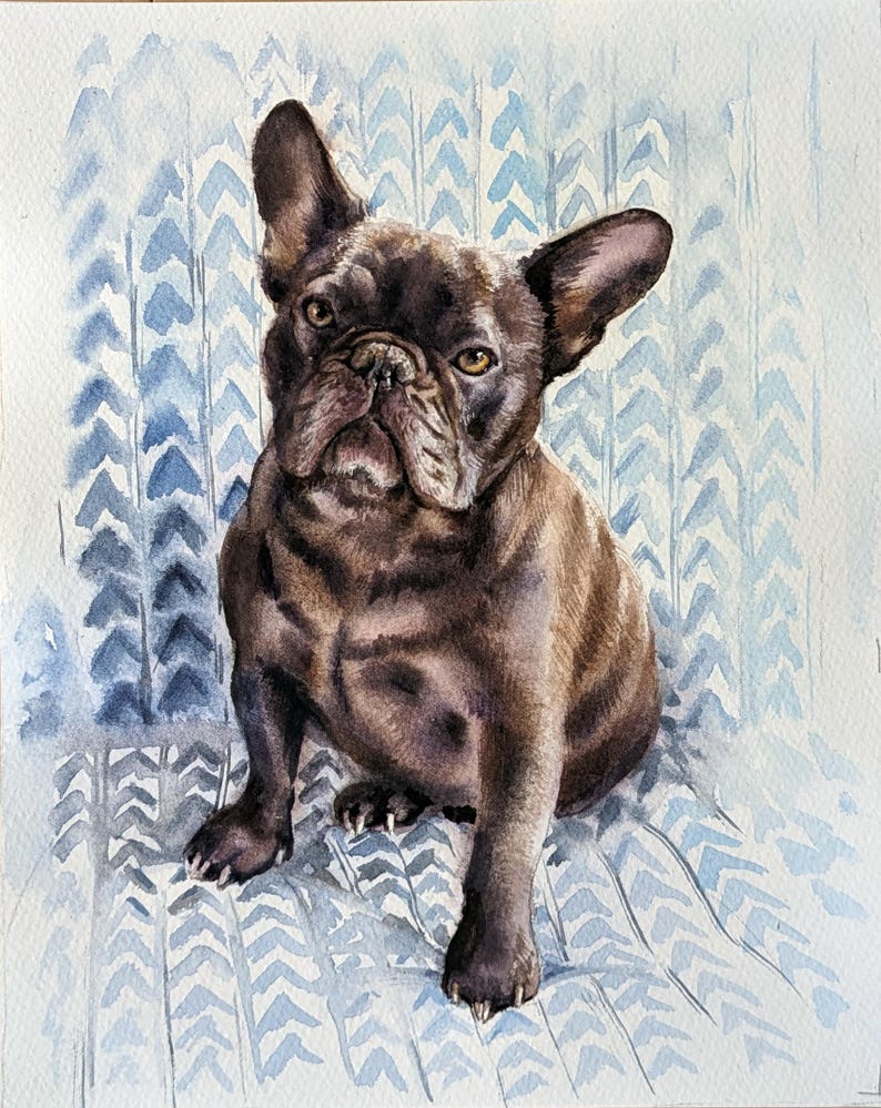 May include: A watercolor painting of a dark brown French Bulldog with large upright ears and amber eyes. The dog is sitting in a forward-facing position against a light blue and white background featuring a repeating chevron or arrow pattern.
