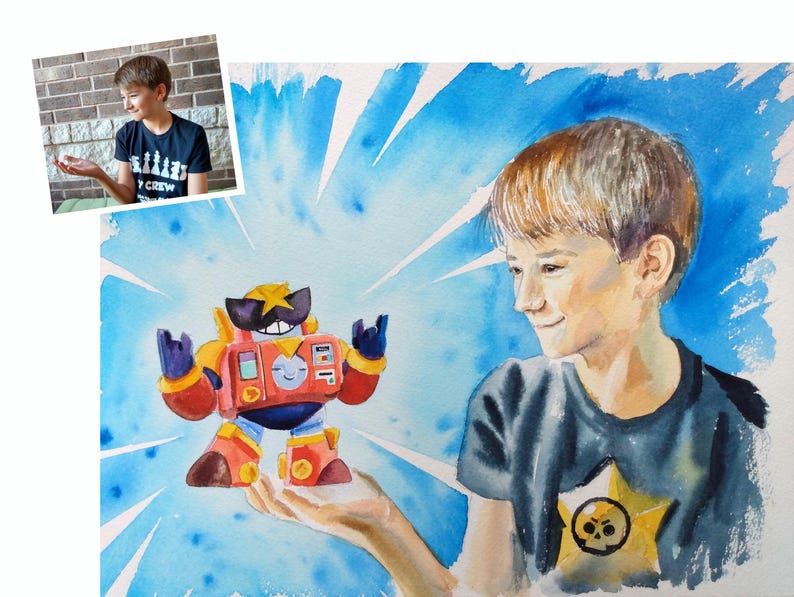 K&ouml;nnte beinhalten: Ein Aquarellgem&auml;lde, das eine junge Person in einem dunklen T-Shirt mit gelbem Sternmotiv zeigt, die einen kleinen, bunten Roboter mit roter, gelber und blauer R&uuml;stung vor einem leuchtend blauen Hintergrund mit wei&szlig;en Strahlen h&auml;lt.