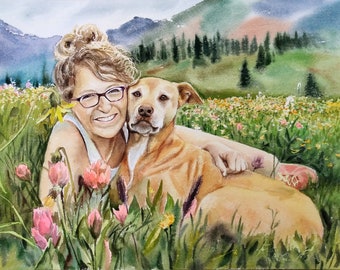 Custom portrait of pet and owner. Detailed background portrait from photo. Hand-painted watercolor of people, cat, dog. Memorial art gift.