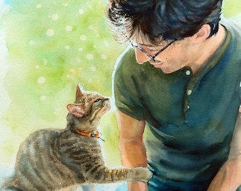 Custom Pet and Owner Watercolor Portrait from photo, Hand-Painted Wall Art, painting of people, dogs, cats.