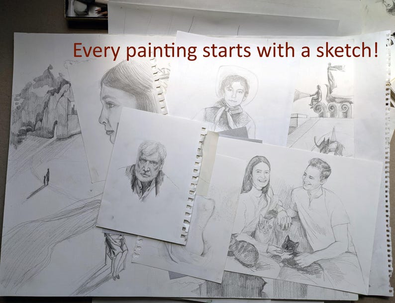 K&ouml;nnte beinhalten: Eine Sammlung von Graphitstift-Skizzen auf wei&szlig;em Papier, die Portr&auml;ts von Personen, eine Landschaft und ein Paar mit Katzen zeigen. Der Text "Every painting starts with a sketch!" ist in Dunkelrot oben auf den Papieren aufgedruckt.