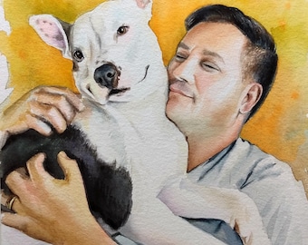 Custom Watercolor Portrait of Pet and Owner, Realistic Memory Gift