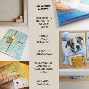 K&ouml;nnte beinhalten: Eine Collage zur Darstellung der Leinwandkunst-Produktion mit einer signierten &Ouml;lgem&auml;lder&uuml;ckseite, einem Hundeportr&auml;t, Geschenkverpackungen und einer Dankeskarte. Text: MY WORKS ALWAYS: HIGH-QUALITY CANVAS OR PREMIUM PAPER, SIGNED BY ME, THE ARTIST, READY TO HANG CANVAS, SIDE PAINTED CANVAS FOR GALLERY LOOK STYLE, GIFT WRAP AVAILABLE.