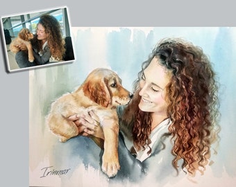 Custom portrait of pet and owner from photo. Watercolor pet and person portrait. Hand-painted people, kids, cat, dog. Mother's Day art gift.