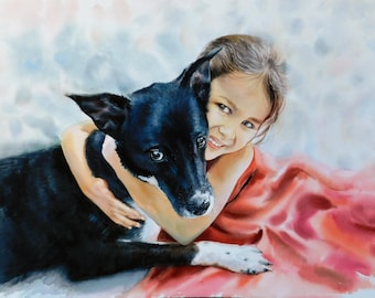 Custom watercolor portrait of pet and owner from photo. Memorial Painting. Person Cat or dog portraits. Pet loss art gift.