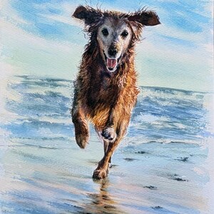 May include: A watercolor painting of a golden-brown dog with a white muzzle running forward on a wet sandy beach. The dog has its mouth open in a happy expression, with ears slightly lifted. The background features blue ocean waves and sky.