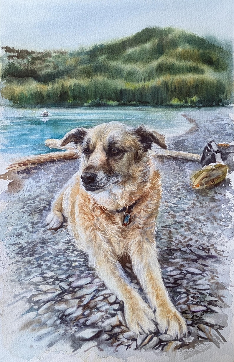 May include: A watercolor painting of a tan dog with dark ears and a black collar with a small tag, lying on a grey pebble beach. The background features a calm blue lake and a green forested hillside under a soft, light-colored sky.