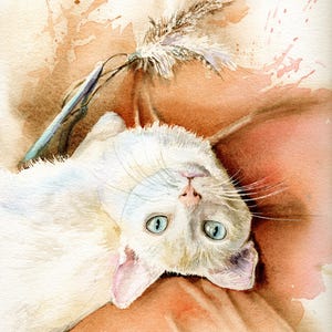 May include: A watercolor painting of a white cat with blue eyes lying on its back against a warm, reddish-brown background. The cat is positioned near a feathery toy, with soft, blended paint strokes creating a gentle, artistic representation.
