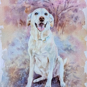 May include: A watercolor painting of a light-colored Labrador Retriever sitting with its mouth open in a happy expression. The dog has a soft white and cream coat, brown eyes, and a pink tongue, set against a textured, abstract wash of purple and brown.