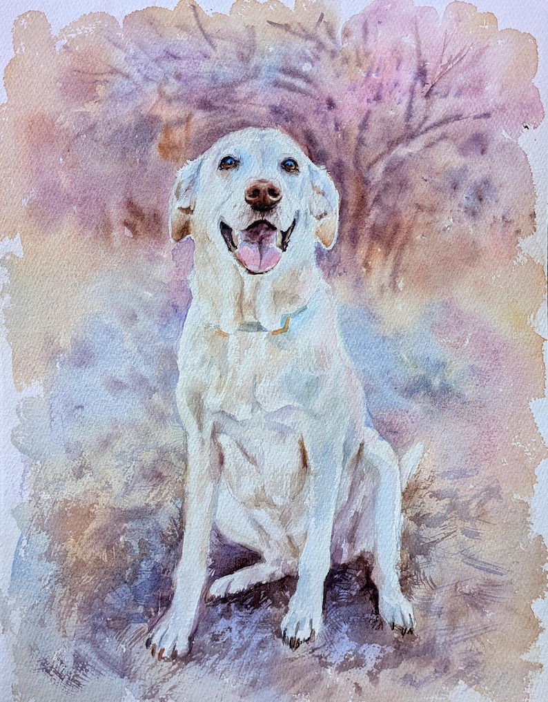 May include: A watercolor painting of a light-colored Labrador Retriever sitting with its mouth open in a happy expression. The dog has a soft white and cream coat, brown eyes, and a pink tongue, set against a textured, abstract wash of purple and brown.