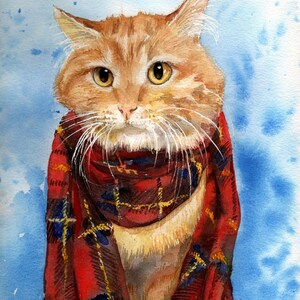 Watercolor portrait of a cat in a scarf