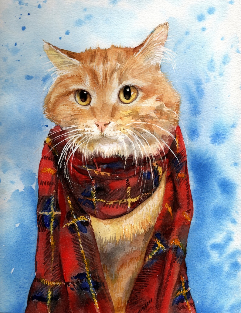 Watercolor portrait of a cat in a scarf