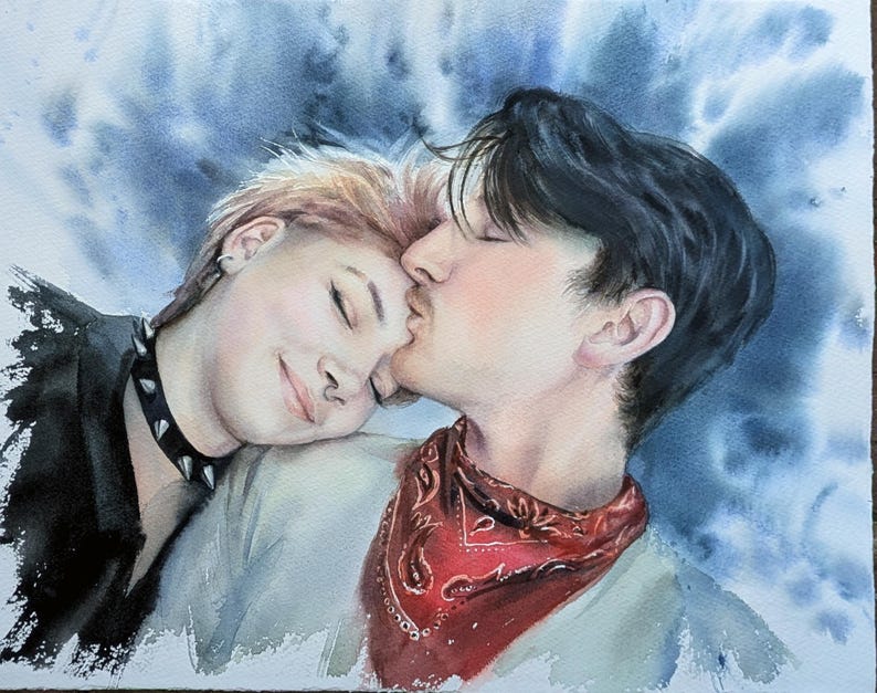 K&ouml;nnte beinhalten: Ein Aquarellgem&auml;lde, das zwei Personen mit geschlossenen Augen zeigt. Eine Person hat kurzes blondes Haar und tr&auml;gt ein schwarzes Halsband mit Nieten. Die andere Person hat dunkles Haar und tr&auml;gt ein rotes Paisley-Bandana.