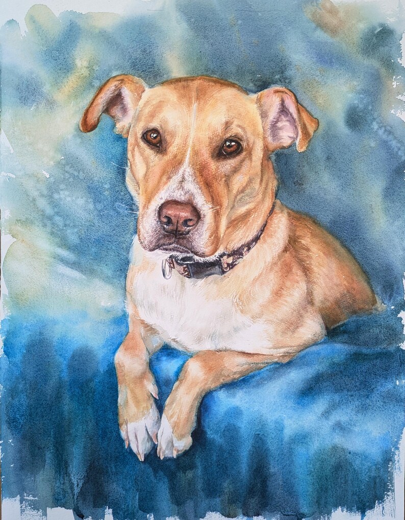 May include: A watercolor painting of a tan dog with white markings on its face and paws. The dog has brown eyes, a pinkish nose, and wears a dark patterned collar. It is positioned against a blended blue and teal watercolor wash background.