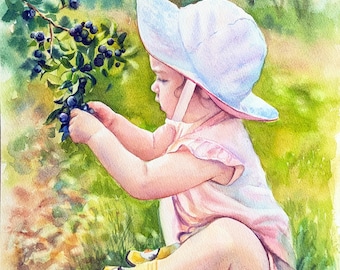 Custom hand-painted watercolor from photo. Paintings of children, baby, people, family. Person portrait with pet. Kids and pet portrait.