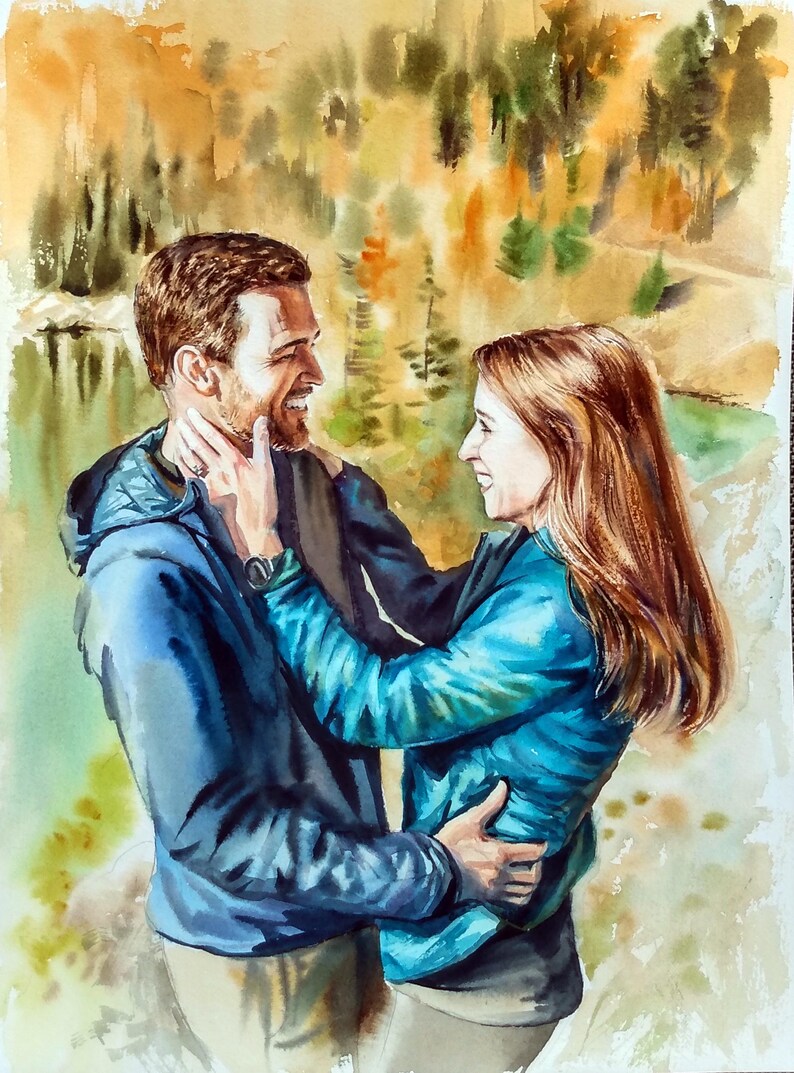 K&ouml;nnte beinhalten: Ein Aquarellgem&auml;lde, das zwei Personen zeigt, die einander gegen&uuml;berstehen. Eine Person tr&auml;gt eine blaue Kapuzenjacke, die andere eine leuchtend blaue Jacke. Der Hintergrund zeigt eine abstrakte Waldlandschaft in warmen herbstlichen Orange- und Gr&uuml;nt&ouml;nen.