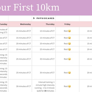 Può includere: Un programma di allenamento di sette settimane per correre una gara di 10 km. Il grafico è in formato tabella con i giorni della settimana in alto e i piani di allenamento settimanali. Il titolo è "Running Your First 10km".